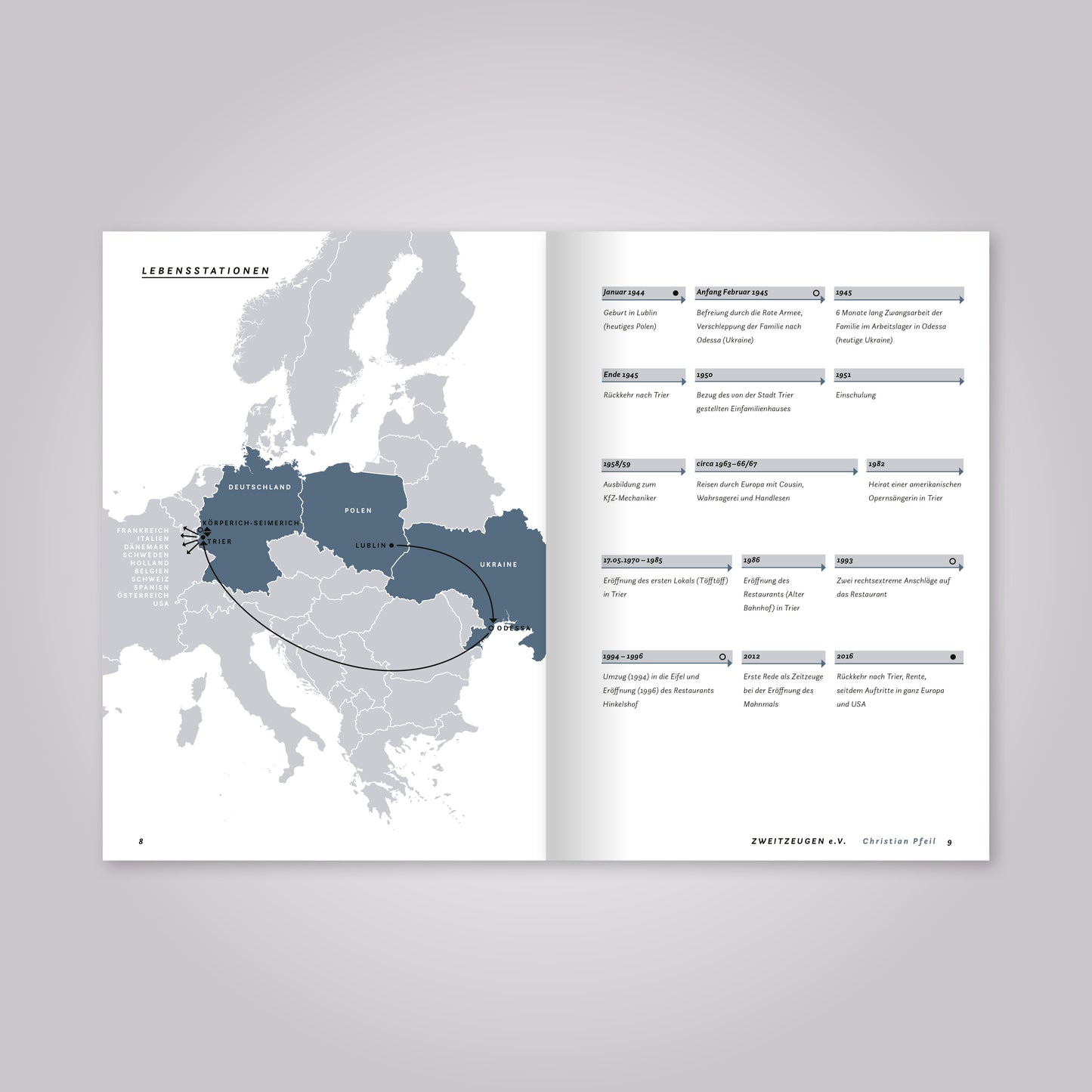 Aufgeschlagenes Magazin: Eine Landkarte und Übersicht mit Jahreszahlen.