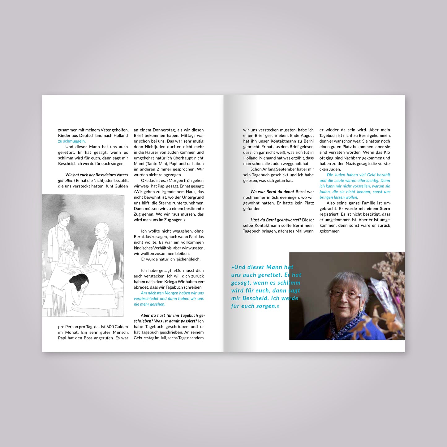 Aufgeschlagenes Magazin: Fließtext mit Illustration und Foto einer alten Frau