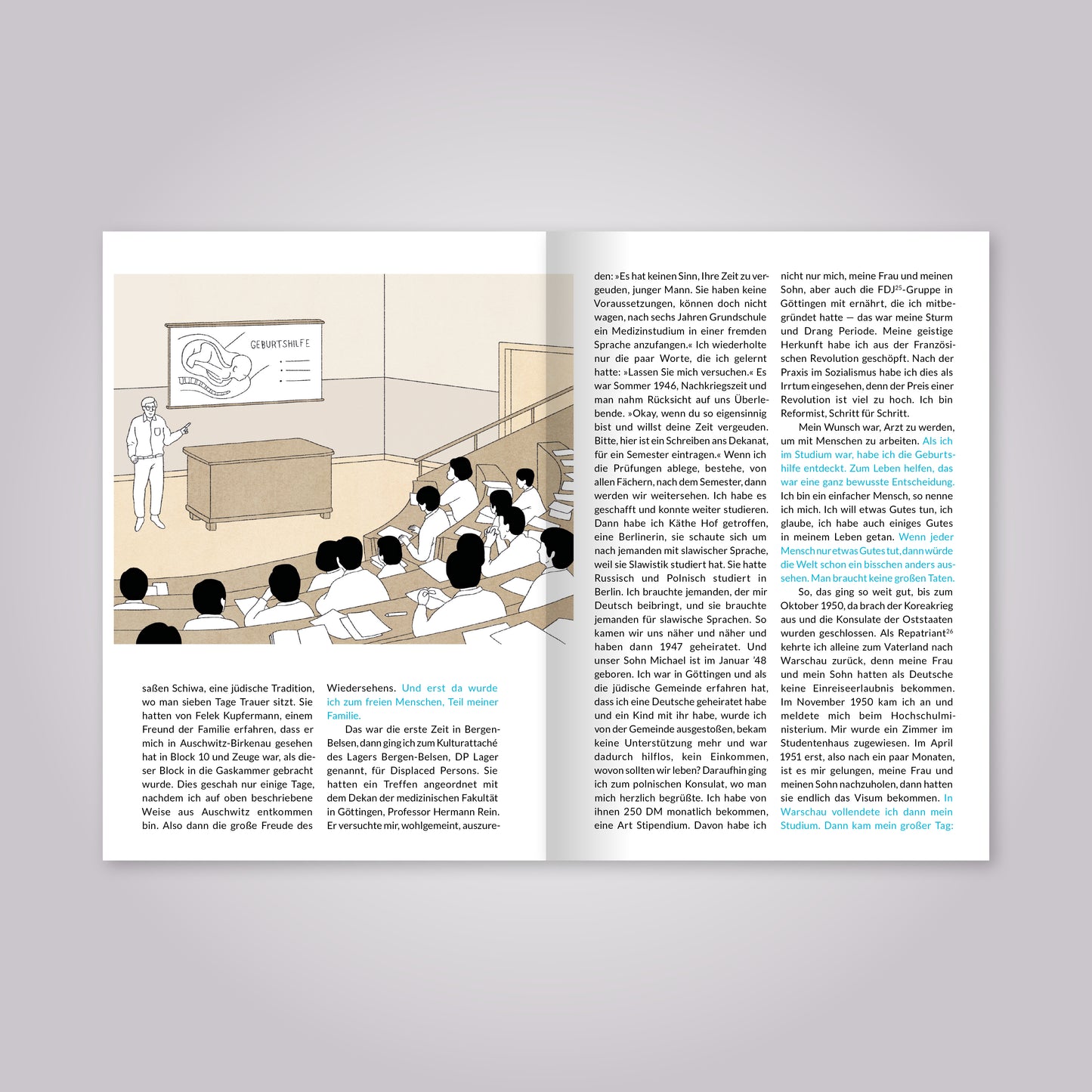 Aufgeschlagenes Magazin: Fließtext und Illustration.