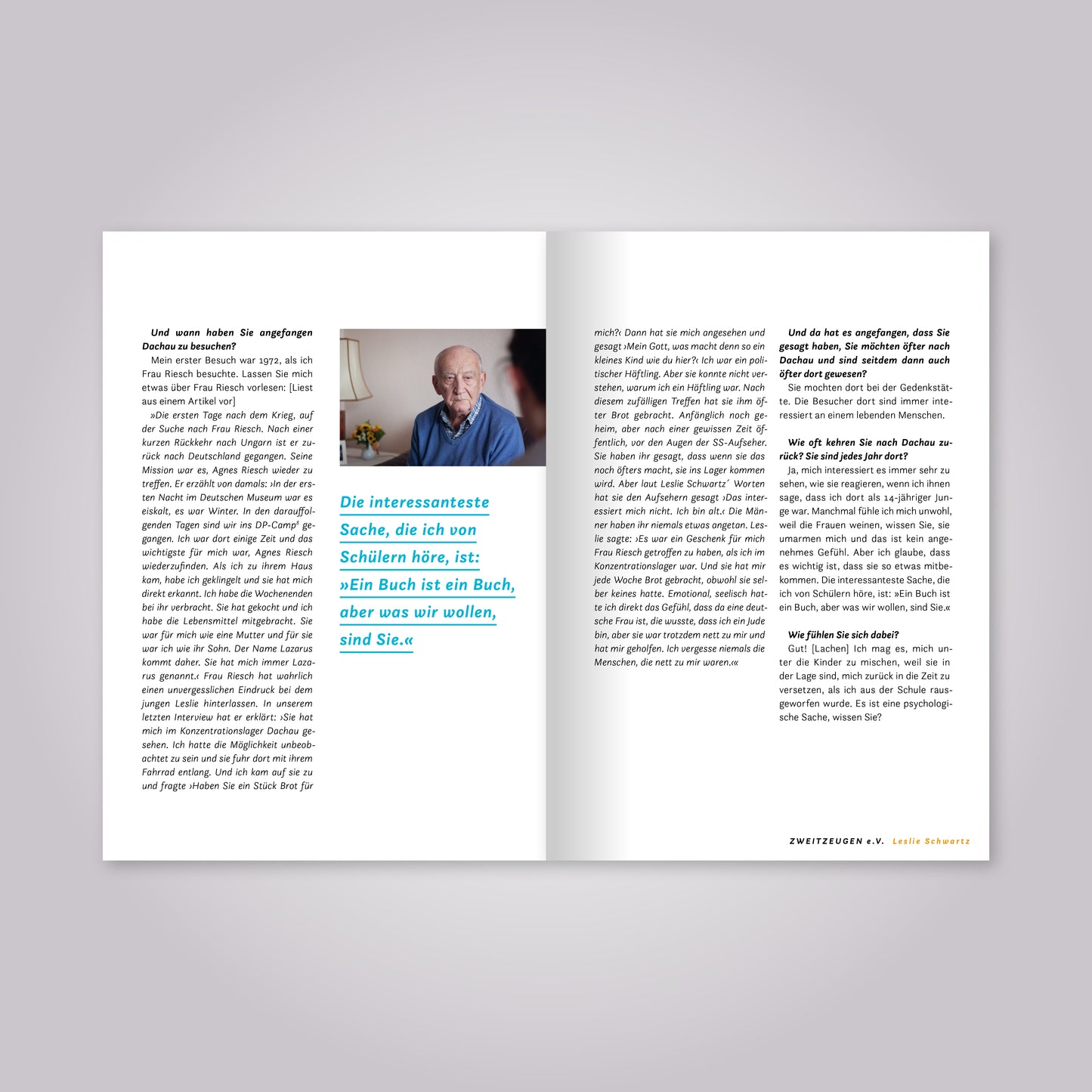 Aufgeschlagenes Magazin: Fließtext und Foto von altem Mann.