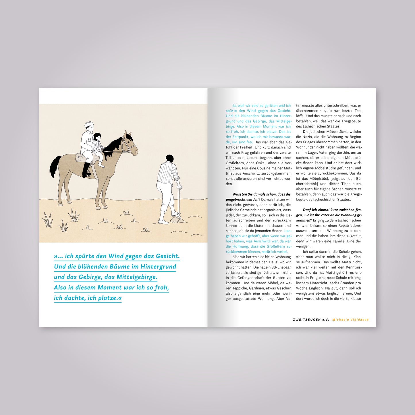 Aufgeschlagenes Magazin: Fließtext und Illustration.