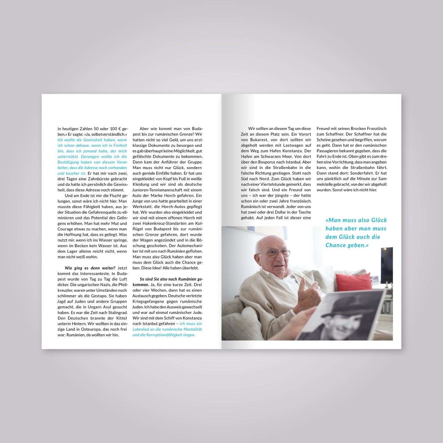 Aufgeschlagenes Magazin: Fließtext und Foto.