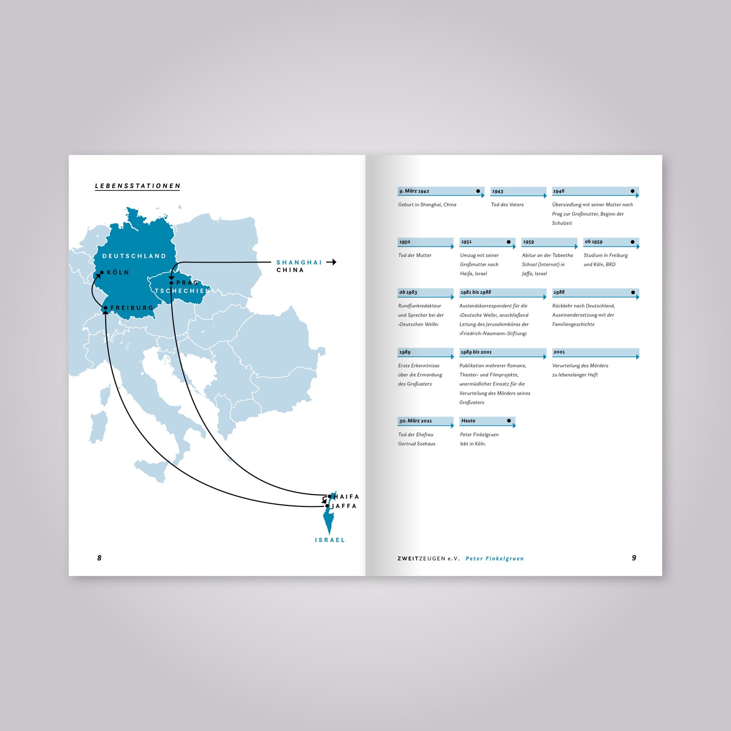 Aufgeschlagenes Magazin: Eine Landkarte und Übersicht mit Jahreszahlen.