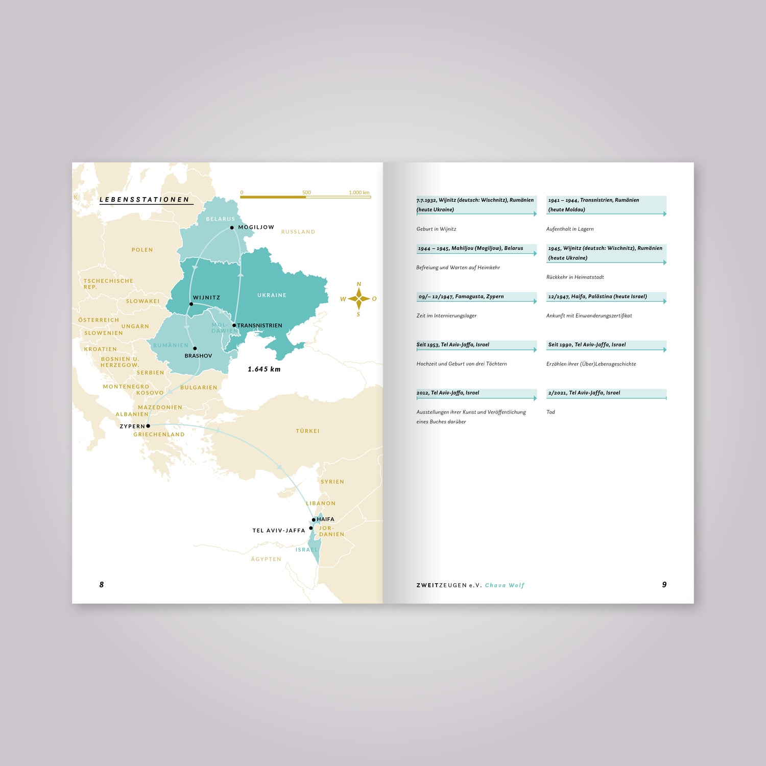 Aufgeschlagenes Magazin: Eine Landkarte und Übersicht mit Jahreszahlen.