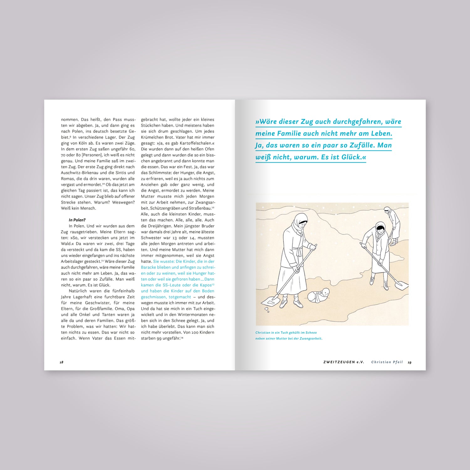 Aufgeschlagenes Magazin: Fließtext und Illustration von drei Menschen mit Röcken und Kopftüchern, die mit Schaufeln neben einem Erdhaufen stehen.