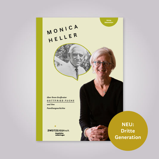 weiße Frau mit Brille und weißen kinnlangen Haaren lächelt. Neben ihr eine Sprechblase, in der ein schwarz weiß Foto mit einem älteren Mann im weißen Hemd ist. Hinweis auf dem Cover: NEU: Dritte Generation.