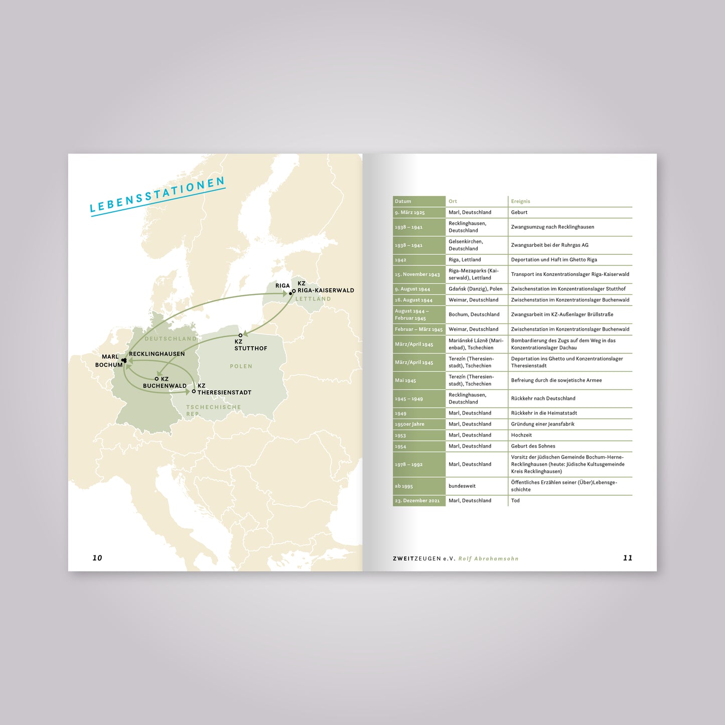Aufgeschlagenes Magazin: Eine Landkarte und Übersicht mit Jahreszahlen.