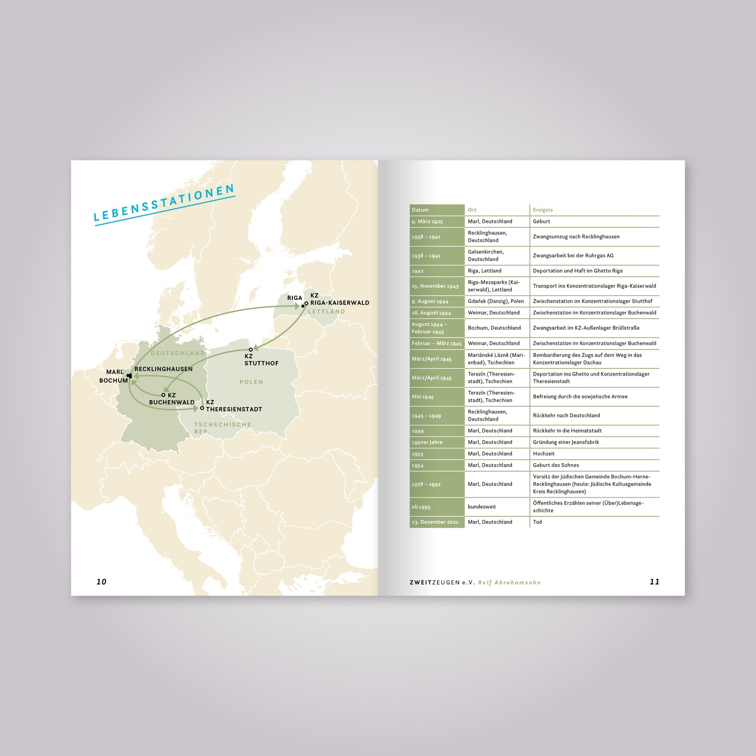 Aufgeschlagenes Magazin: Eine Landkarte und Übersicht mit Jahreszahlen.
