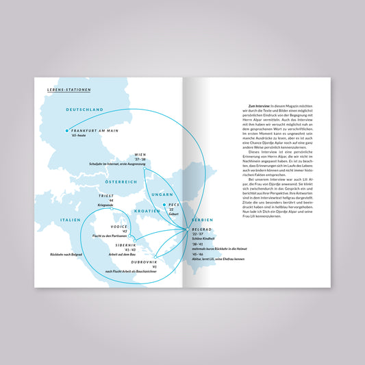 Aufgeschlagenes Magazin: eine Landkarte und Fließtext.