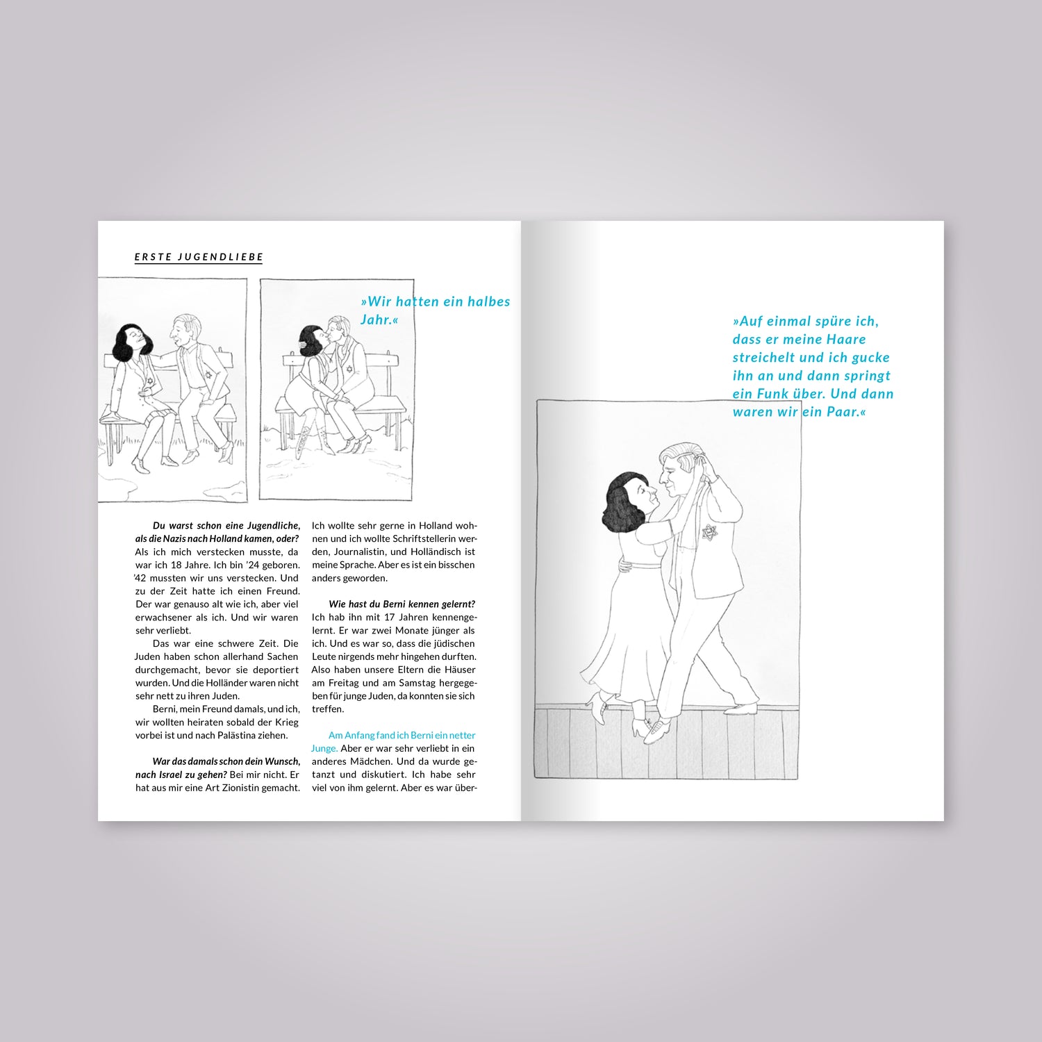 Aufgeschlagenes Magazin: Fließtext und Illustrationen