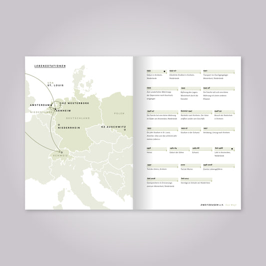 Aufgeschlagenes Magazin: Eine Landkarte und Übersicht mit Jahreszahlen.