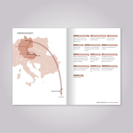 Aufgeschlagenes Magazin: Eine Landkarte und Übersicht mit Jahreszahlen.