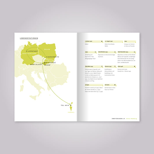 Aufgeschlagenes Magazin: Eine Landkarte und Übersicht mit Jahreszahlen.