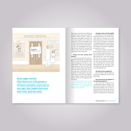 Aufgeschlagenes Magazin: Fließtext und Illustration.