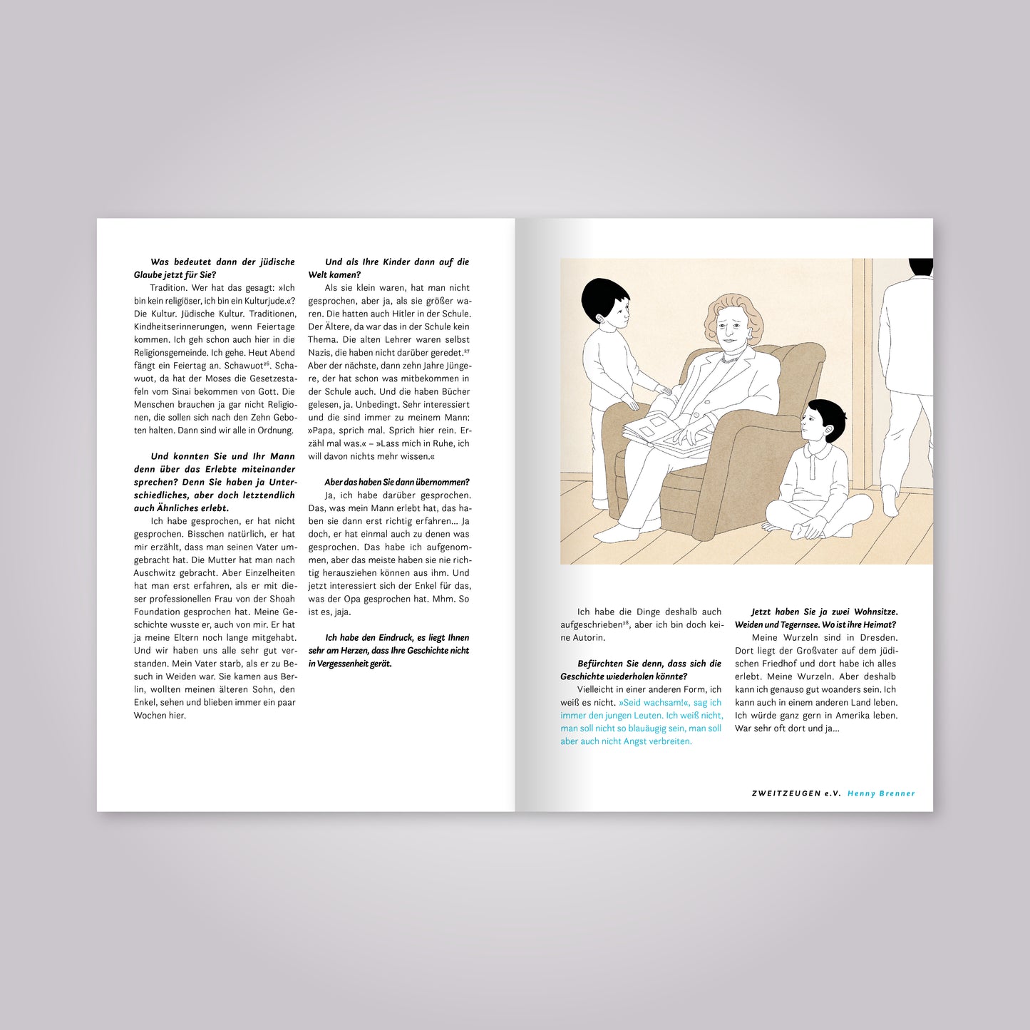 Aufgeschlagenes Magazin: Fließtext und Illustration.