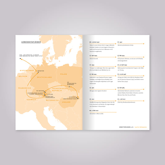 Aufgeschlagenes Magazin: Eine Landkarte und Übersicht mit Jahreszahlen.