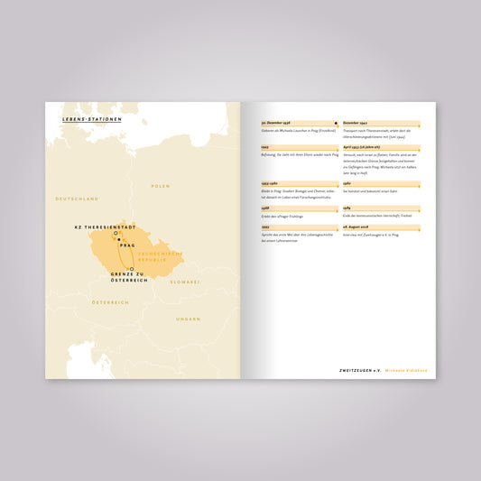 Aufgeschlagenes Magazin: Eine Landkarte und Übersicht mit Jahreszahlen.