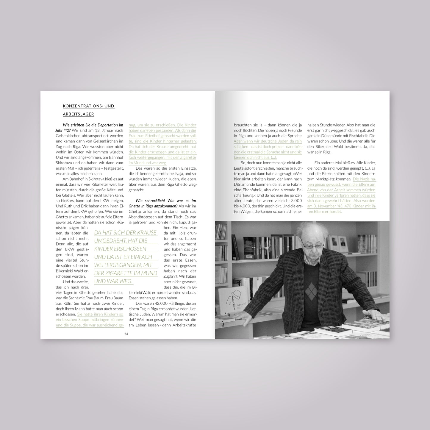 Aufgeschlagenes Magazin: Fließtext und schwarz-weiß Foto von altem Mann.
