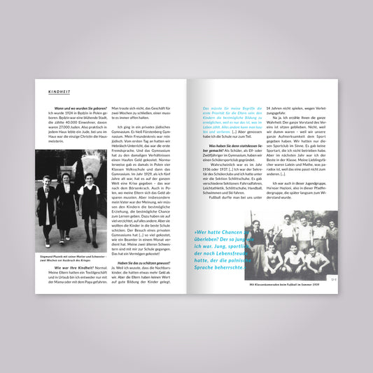 Aufgeschlagenes Magazin: Fließtexte mit schwarz-weiß Fotos.