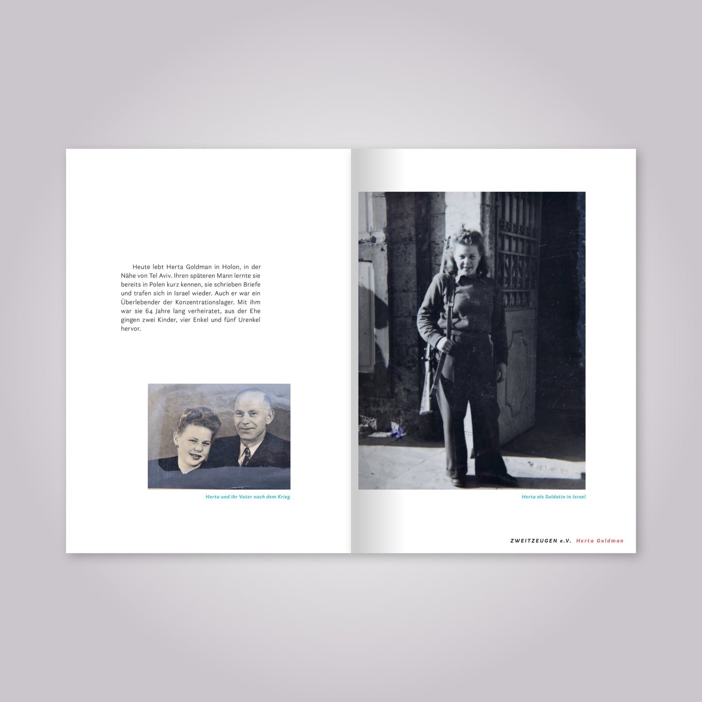 Aufgeschlagenes Magazin: Fließtext und zwei Fotos. Auf einem eine junge Frau mit Gewähr, auf dem anderen Foto ein Porträt von Mann und Frau.