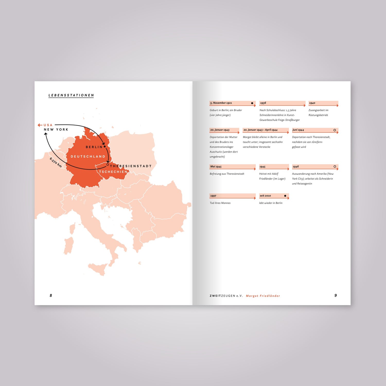 Aufgeschlagenes Magazin: Eine Landkarte und Übersicht mit Jahreszahlen.