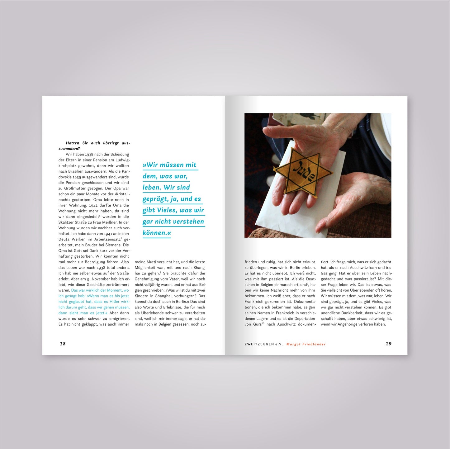 Aufgeschlagenes Magazin: Fließtext und Foto einer Hand auf der ein gelber Stern liegt. Darauf steht das Wort Jude.